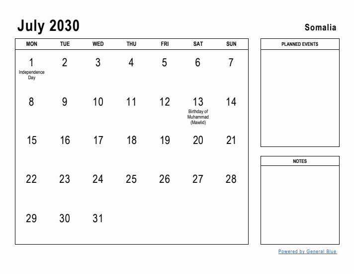 July 2030 Printable Monthly Calendar with Somalia Holidays