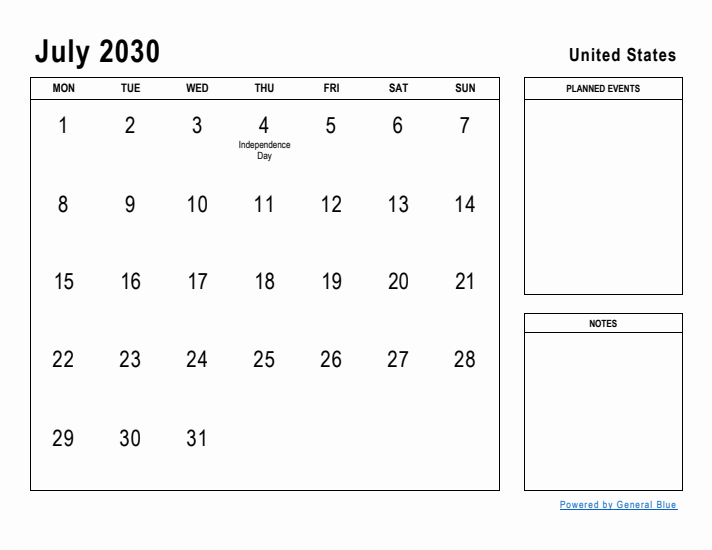 July 2030 Printable Monthly Calendar with United States Holidays