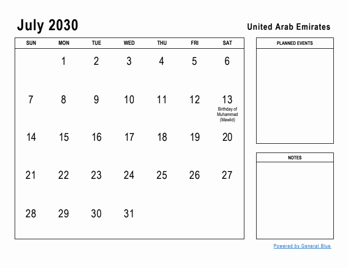 July 2030 Printable Monthly Calendar with United Arab Emirates Holidays