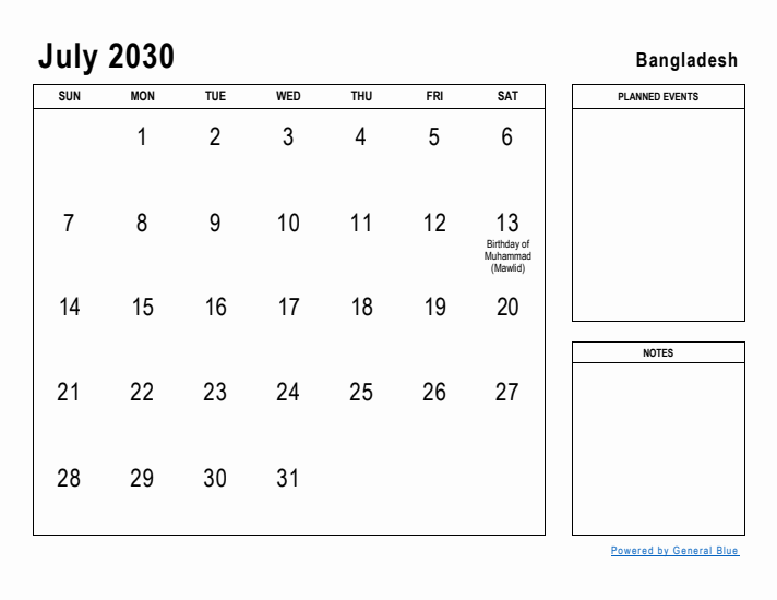 July 2030 Printable Monthly Calendar with Bangladesh Holidays