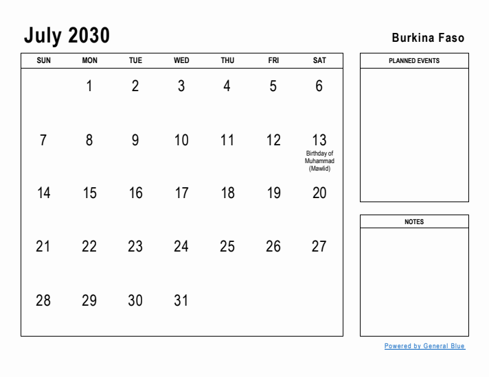 July 2030 Printable Monthly Calendar with Burkina Faso Holidays