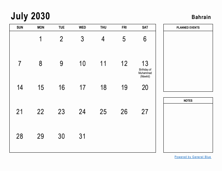 July 2030 Printable Monthly Calendar with Bahrain Holidays