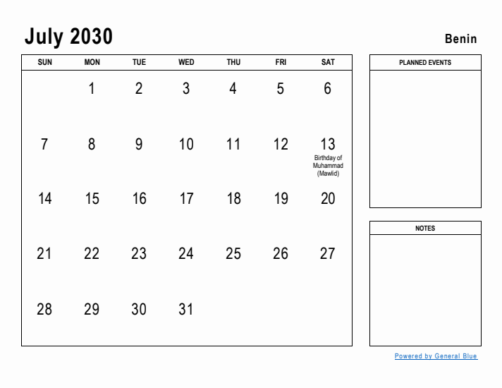 July 2030 Printable Monthly Calendar with Benin Holidays