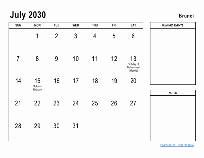 July 2030 Printable Monthly Calendar with Brunei Holidays