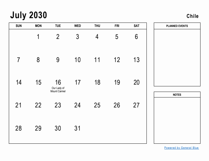 July 2030 Printable Monthly Calendar with Chile Holidays