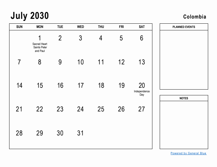 July 2030 Printable Monthly Calendar with Colombia Holidays