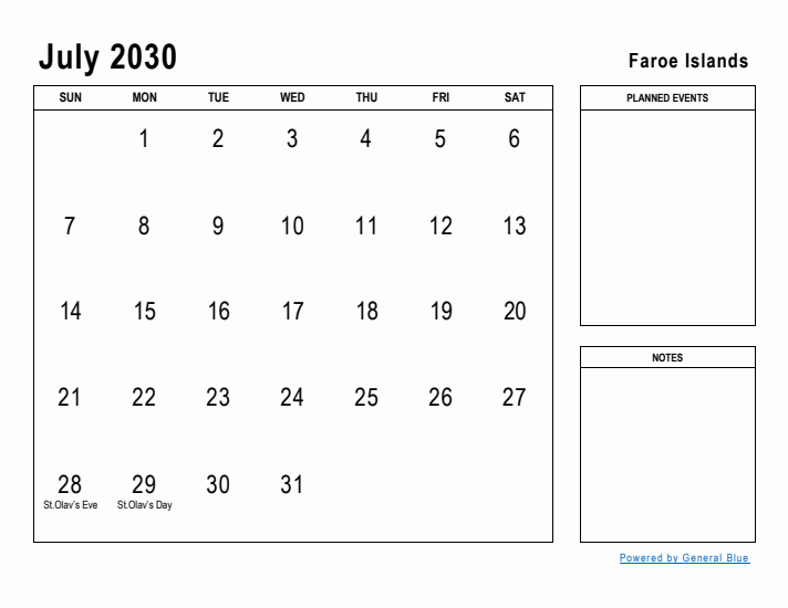 July 2030 Printable Monthly Calendar with Faroe Islands Holidays