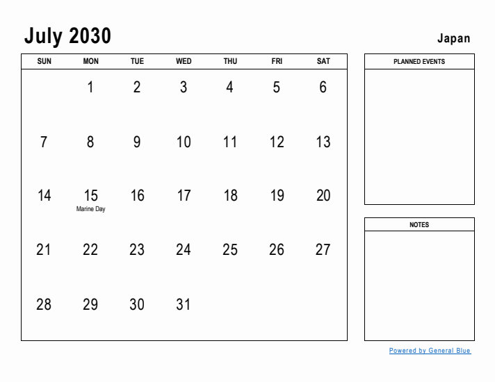 July 2030 Printable Monthly Calendar with Japan Holidays