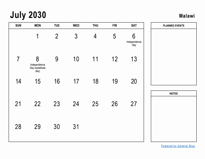 July 2030 Printable Monthly Calendar with Malawi Holidays