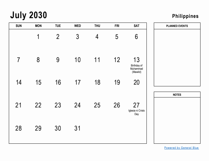 July 2030 Printable Monthly Calendar with Philippines Holidays