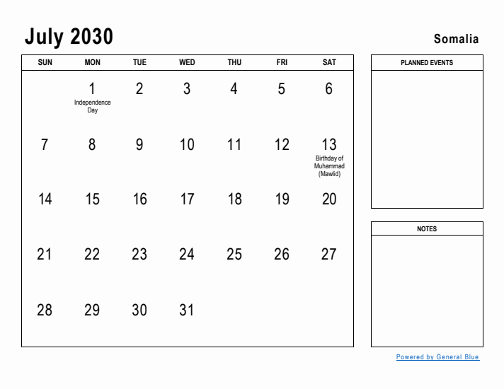 July 2030 Printable Monthly Calendar with Somalia Holidays