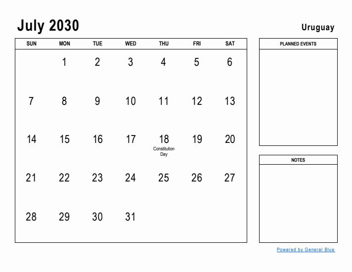 July 2030 Printable Monthly Calendar with Uruguay Holidays