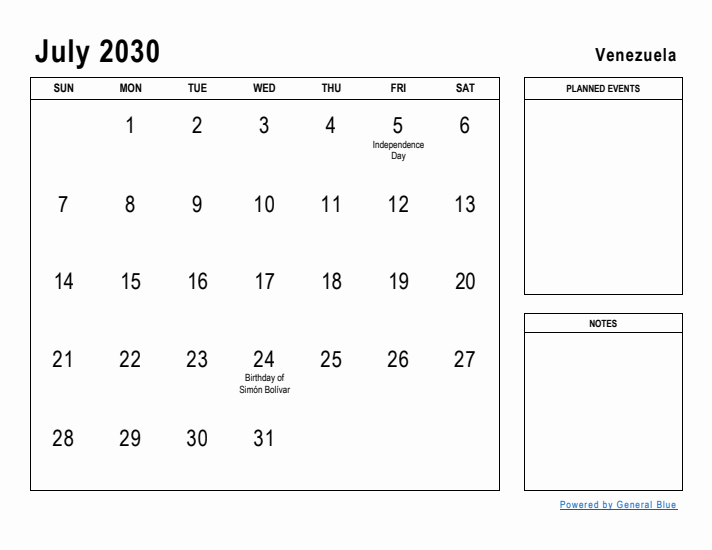 July 2030 Printable Monthly Calendar with Venezuela Holidays