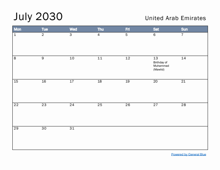 July 2030 Simple Monthly Calendar for United Arab Emirates