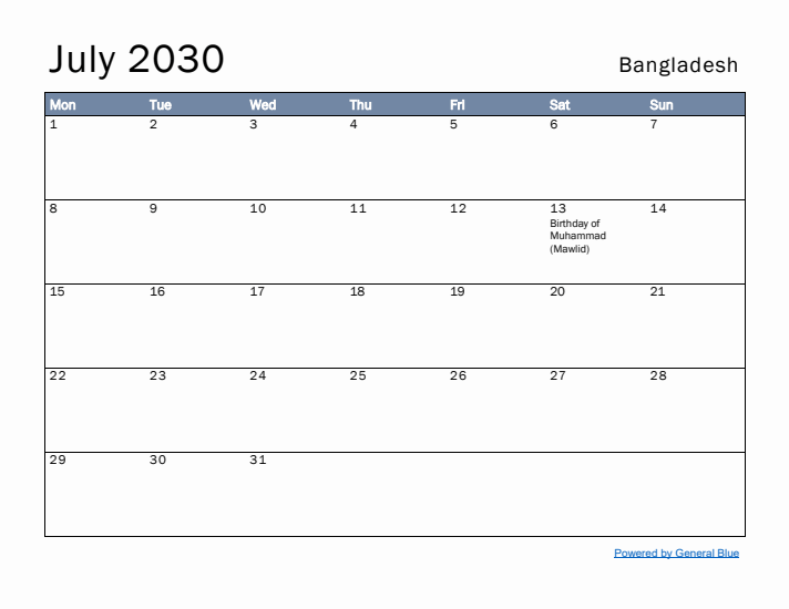 July 2030 Simple Monthly Calendar for Bangladesh