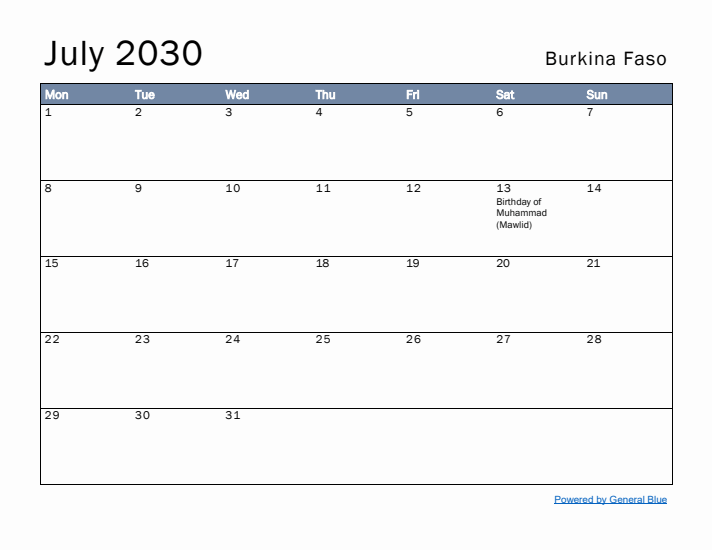 July 2030 Simple Monthly Calendar for Burkina Faso