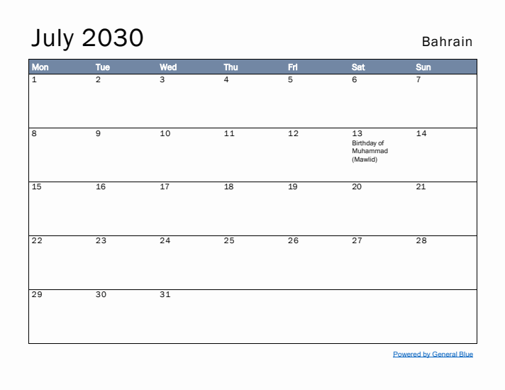 July 2030 Simple Monthly Calendar for Bahrain