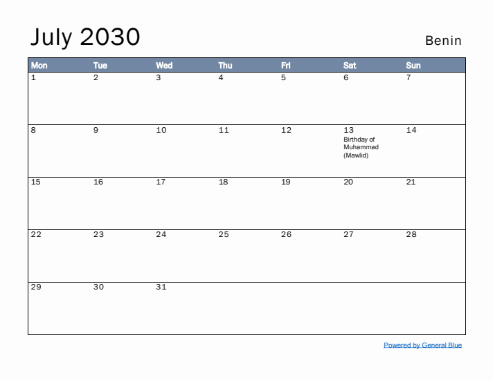 July 2030 Simple Monthly Calendar for Benin