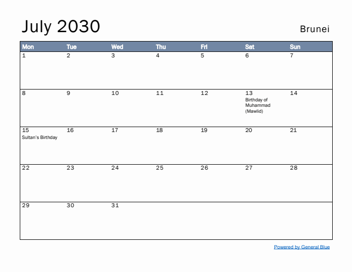 July 2030 Simple Monthly Calendar for Brunei