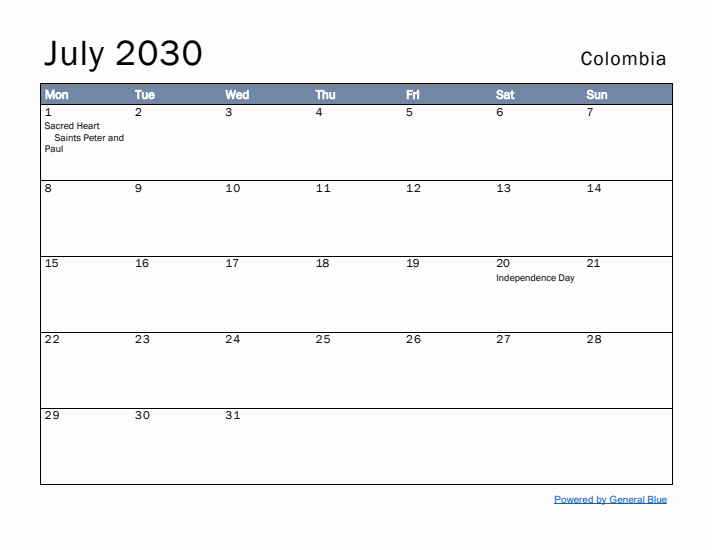 July 2030 Simple Monthly Calendar for Colombia