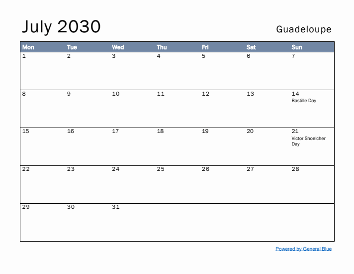 July 2030 Simple Monthly Calendar for Guadeloupe