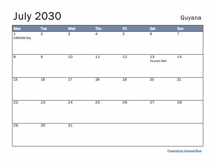 July 2030 Simple Monthly Calendar for Guyana