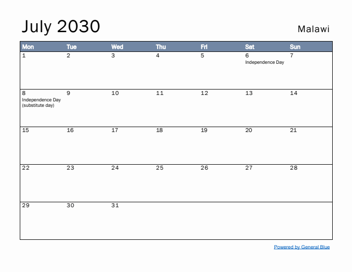 July 2030 Simple Monthly Calendar for Malawi