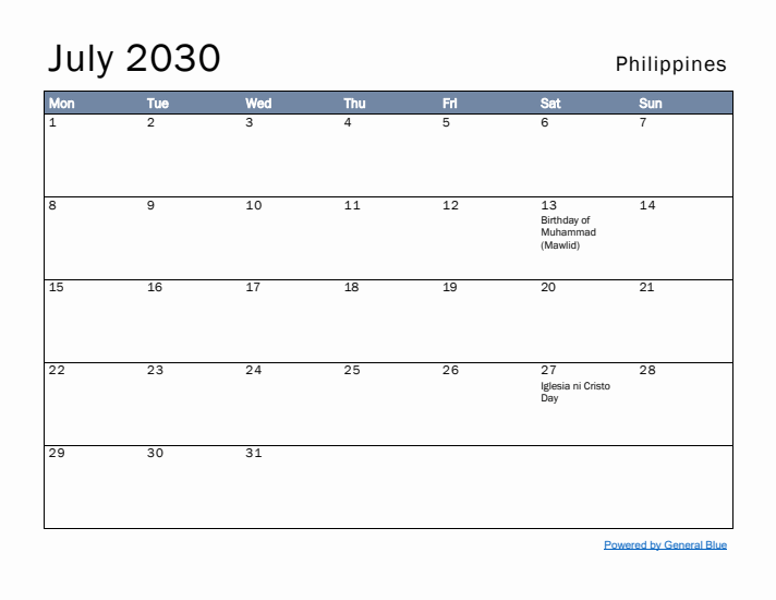 July 2030 Simple Monthly Calendar for Philippines