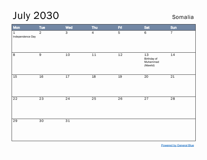 July 2030 Simple Monthly Calendar for Somalia