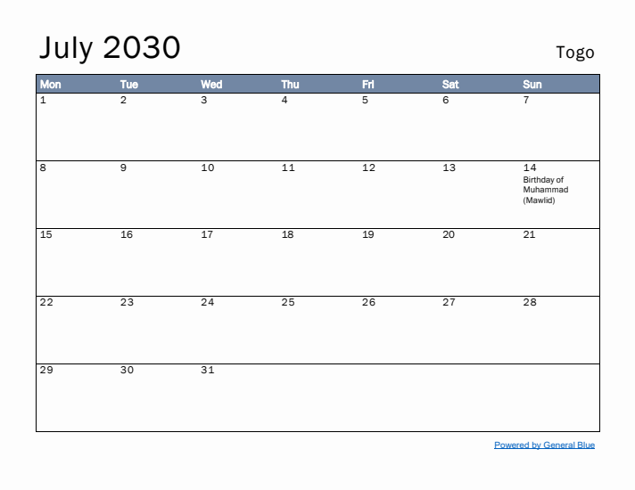 July 2030 Simple Monthly Calendar for Togo