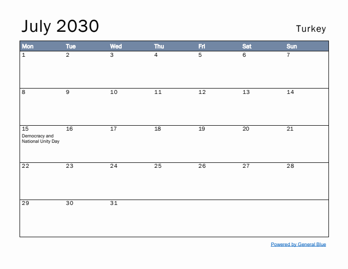 July 2030 Simple Monthly Calendar for Turkey