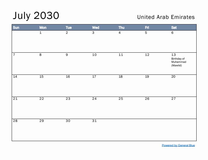 July 2030 Simple Monthly Calendar for United Arab Emirates