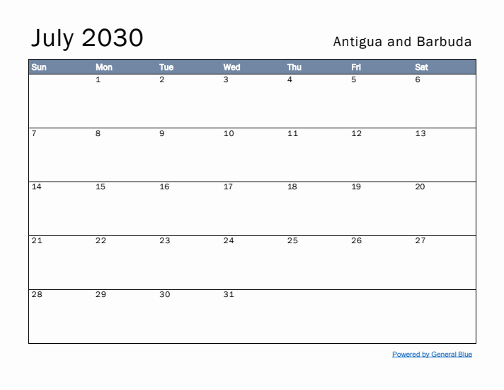 July 2030 Simple Monthly Calendar for Antigua and Barbuda