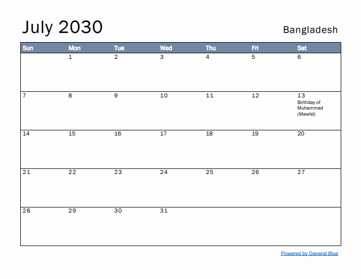 July 2030 Simple Monthly Calendar for Bangladesh