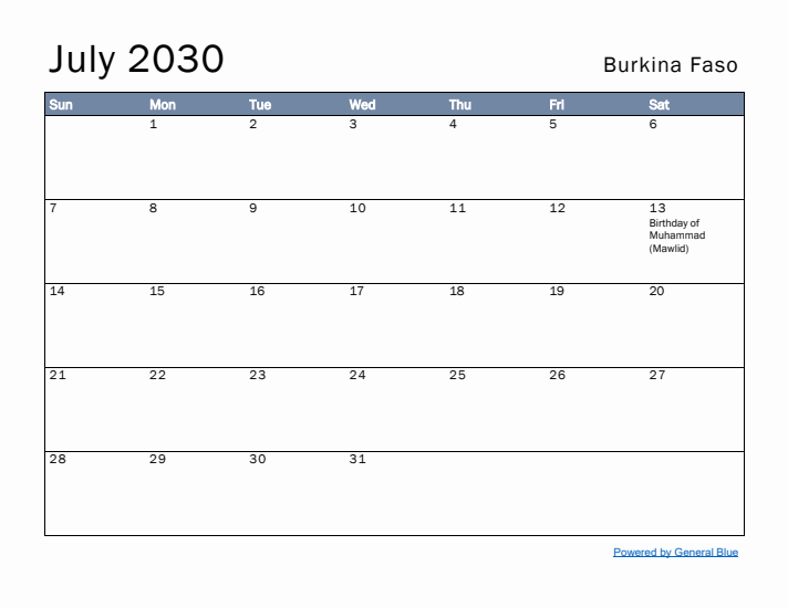 July 2030 Simple Monthly Calendar for Burkina Faso