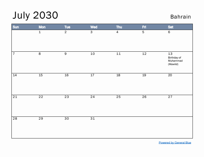 July 2030 Simple Monthly Calendar for Bahrain