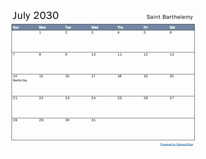 July 2030 Simple Monthly Calendar for Saint Barthelemy