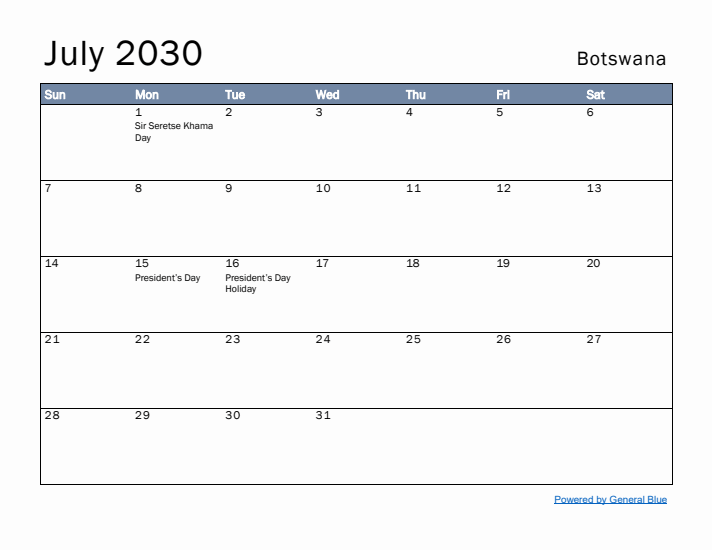 July 2030 Simple Monthly Calendar for Botswana