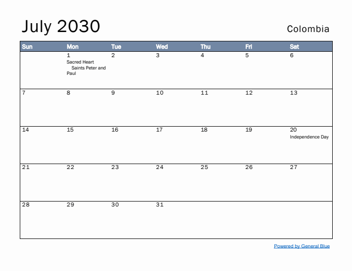 July 2030 Simple Monthly Calendar for Colombia