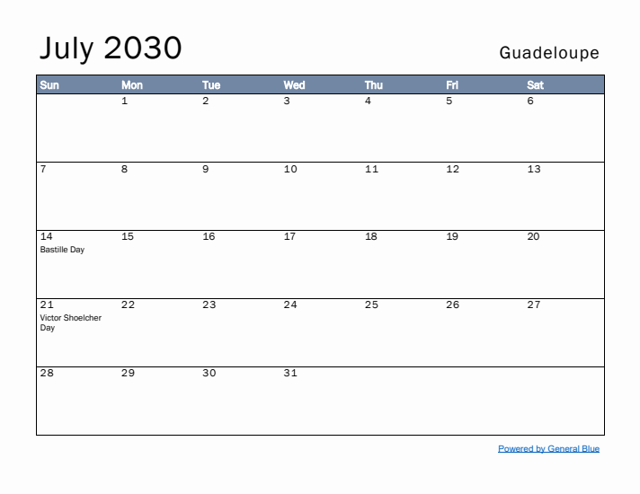 July 2030 Simple Monthly Calendar for Guadeloupe