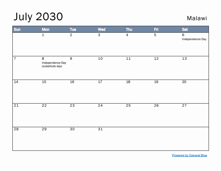 July 2030 Simple Monthly Calendar for Malawi