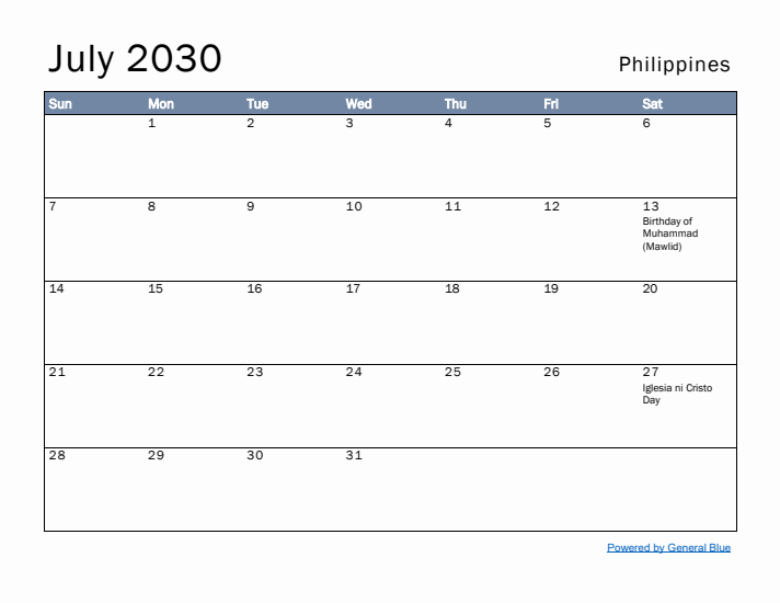 July 2030 Simple Monthly Calendar for Philippines