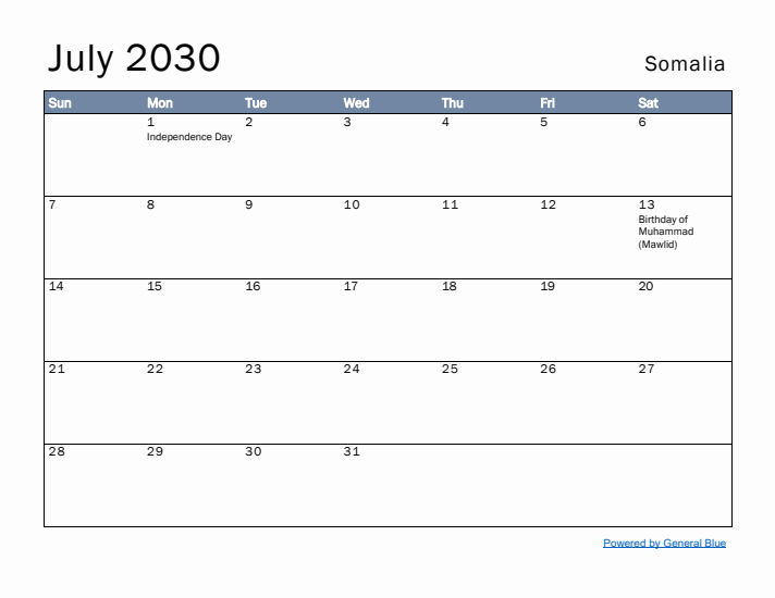 July 2030 Simple Monthly Calendar for Somalia