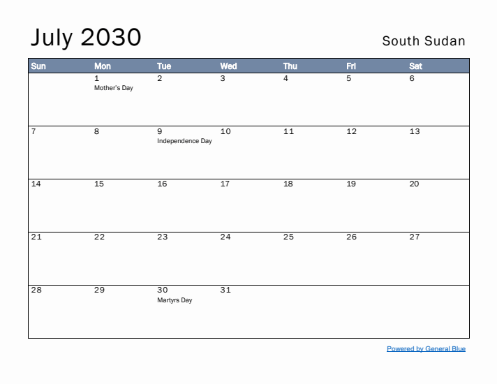 July 2030 Simple Monthly Calendar for South Sudan