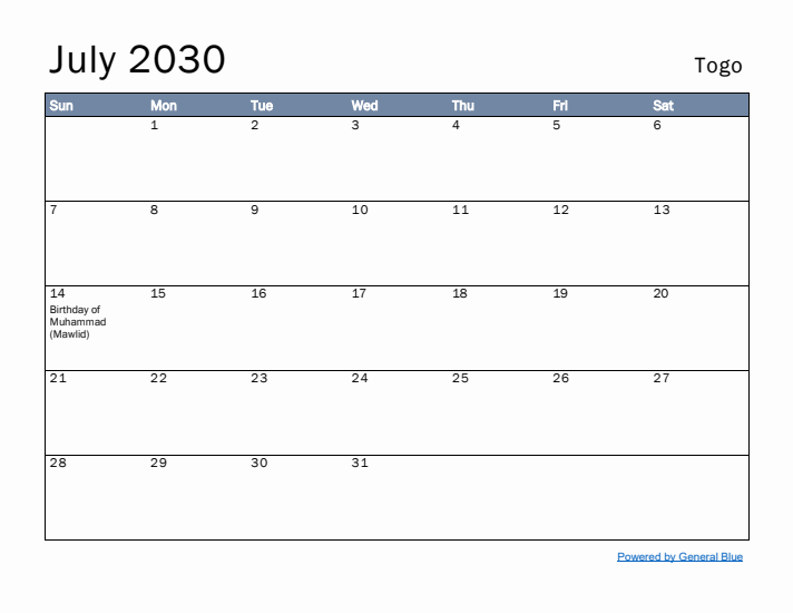 July 2030 Simple Monthly Calendar for Togo