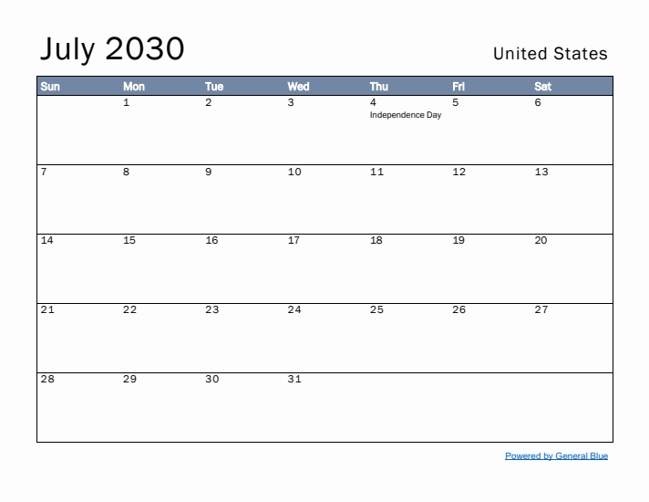 July 2030 Simple Monthly Calendar for United States