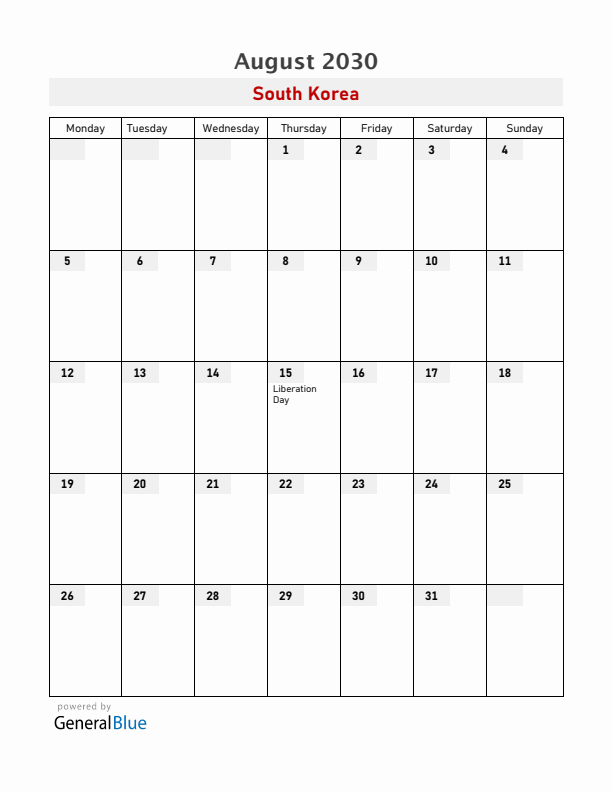 South Korea August 2030 Calendar with Holidays