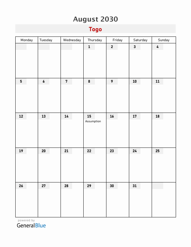 Togo August 2030 Calendar with Holidays
