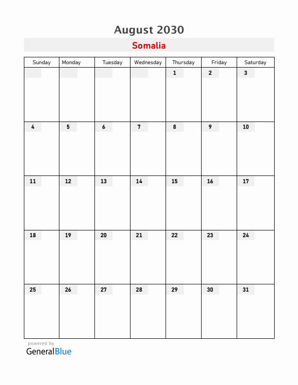 Somalia August 2030 Calendar with Holidays