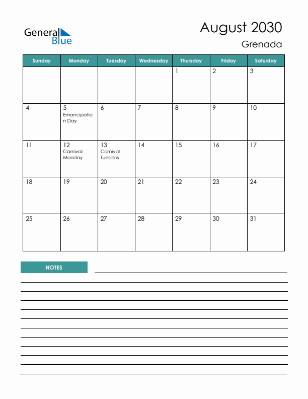 Calendar with Notes Printable - Sunday Start